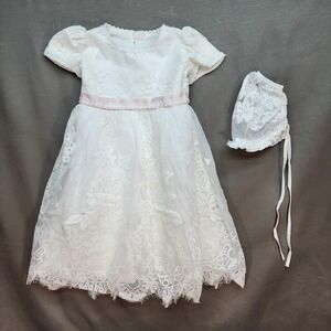 White Lace Satin Christening Dress Victorian Short Sleeve with Bonnet 24 Months
